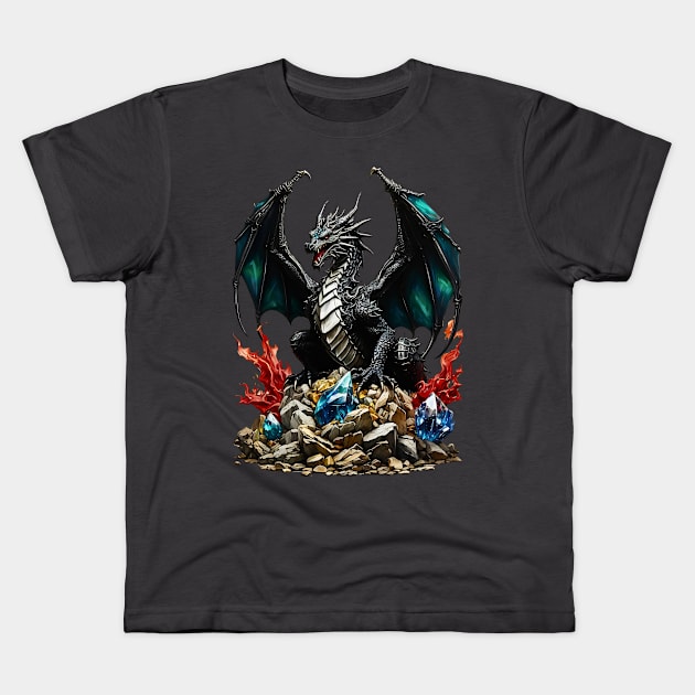 Black Dragon protecting his gems treasure Kids T-Shirt by Neon City Bazaar